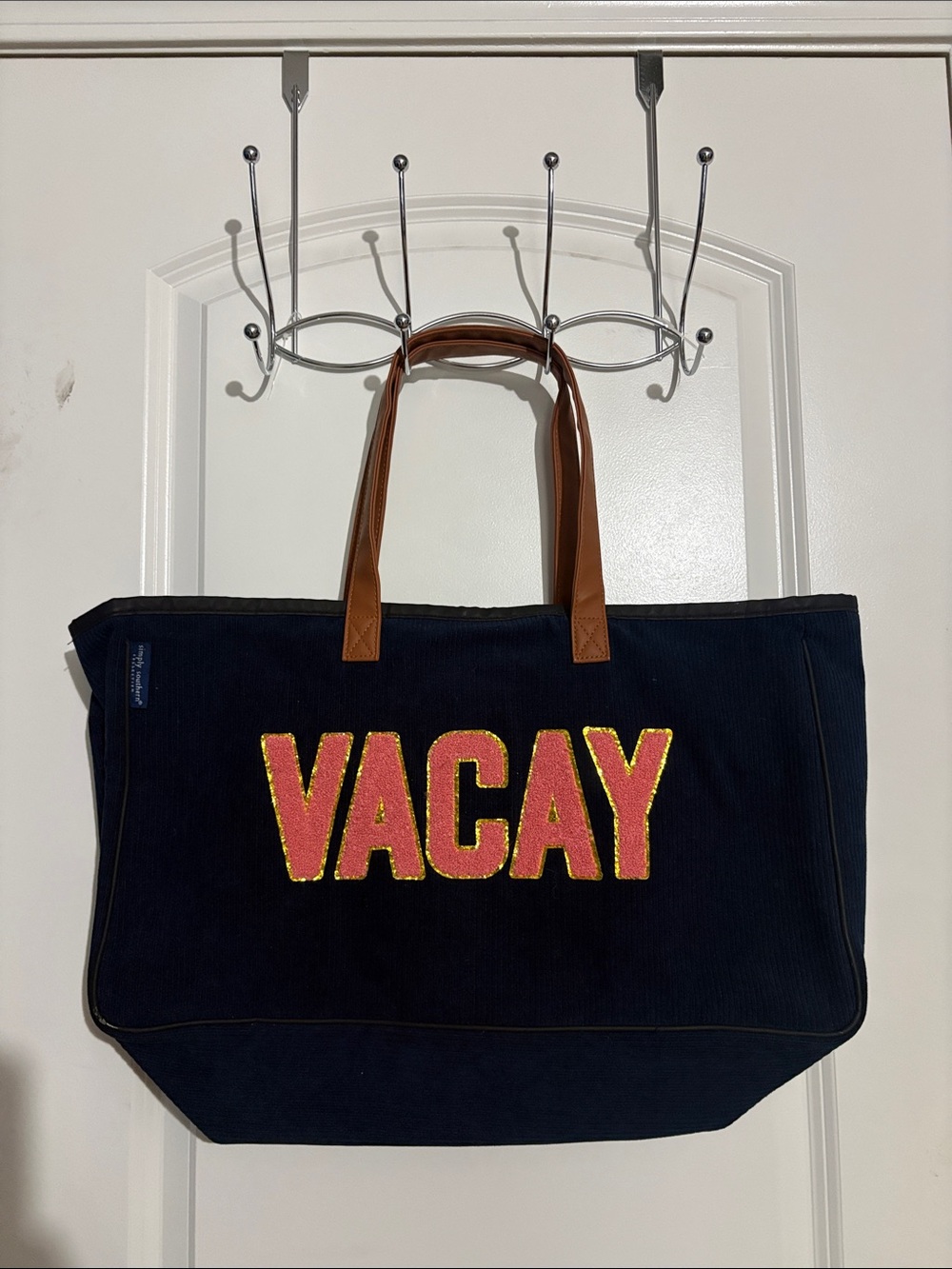 Simply Southern Navy Tote Bag with Pink "VACAY" Lettering and Brown Handles